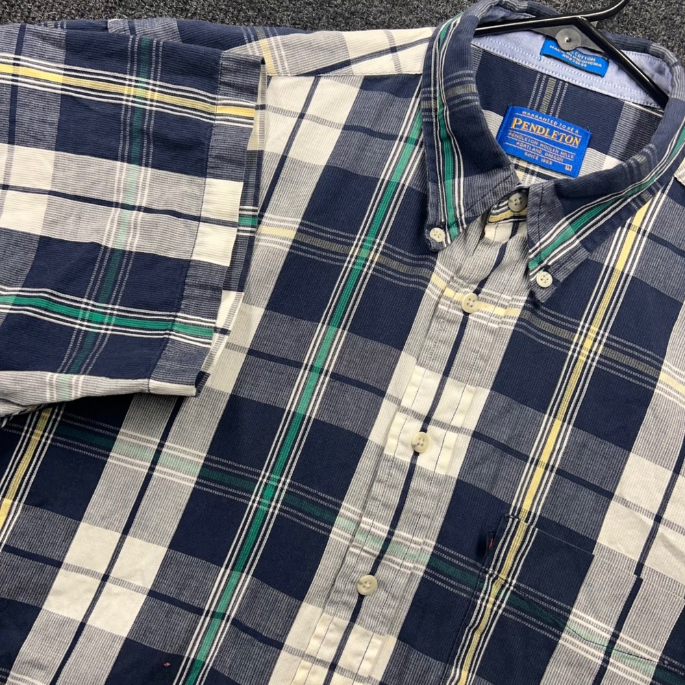 Pendleton Mens Large Short Sleeve Button Down Shirt Plaid Navy Green Cotton 2830